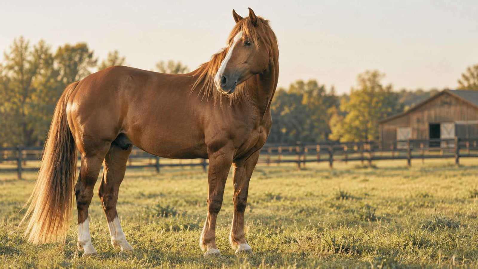 Chestnut horse in fall pasture