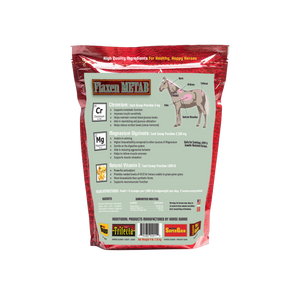 Flaxen Metab 4lb back of bag, supplement for metabolic horses.